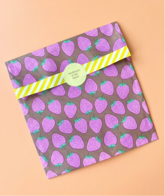 Cadeauzakje XL | Strawberry Pink/Taupe - Stripe Yellow