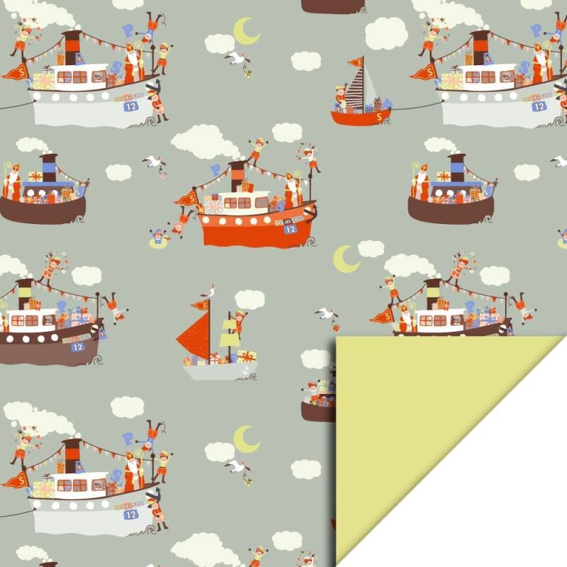 Cadeaupapier | Sint - Pakjesboot Sage - Yellow